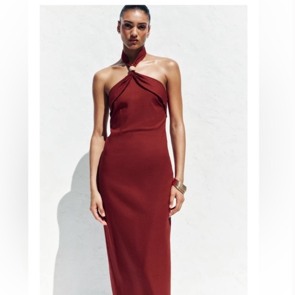 Zara NWT linen blend halter midi dress red 3379/723 - Picture 11 of 12